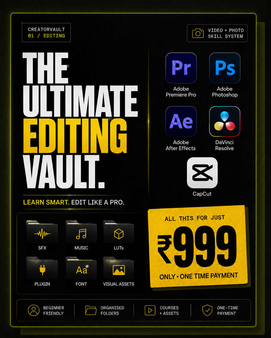 CreatorVault Ultimate Editing Vault bundle with editing software, assets and ₹999 offer